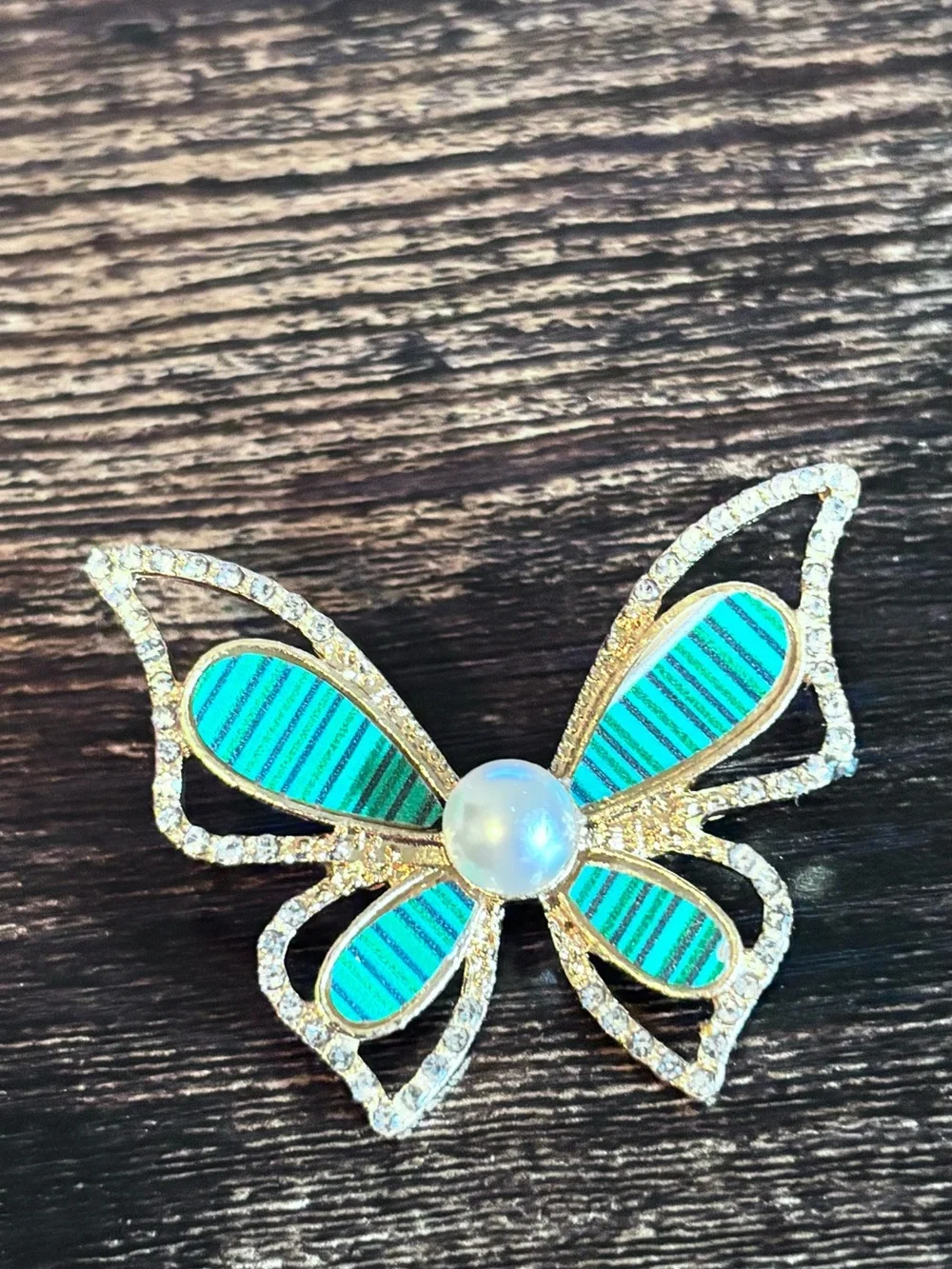 Gold-Tone Butterfly Brooch with Green Inlay and Pearl Accent